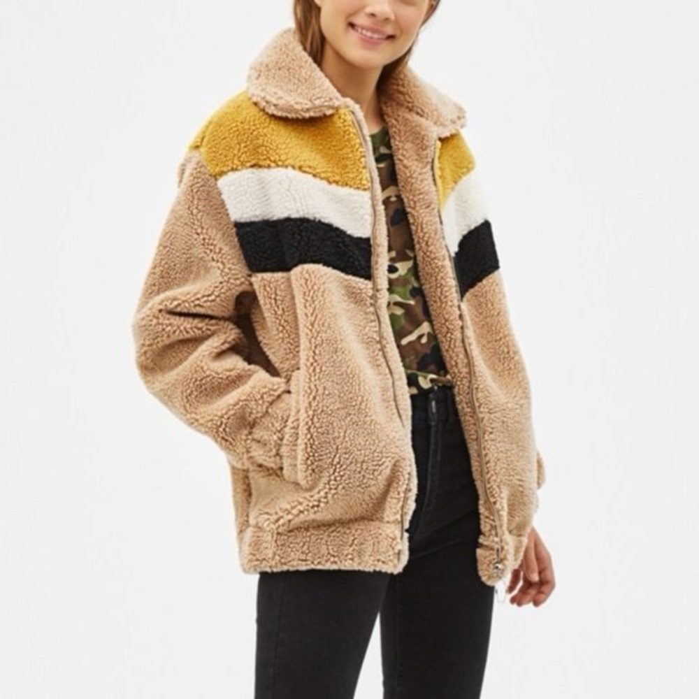 Bershka Tan White Black Yellow Stripe Teddy Shearling Jacket